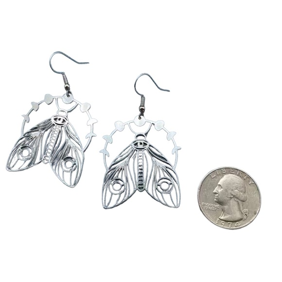 Silver Moth with Moon Phase Cutout Drop Earrings - Picture 3 of 4